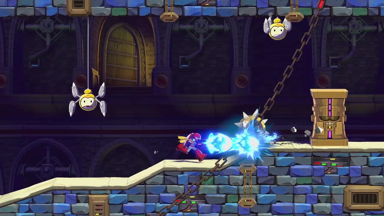 Proto Man firing at close range in a castle stage with propeller enemies overhead