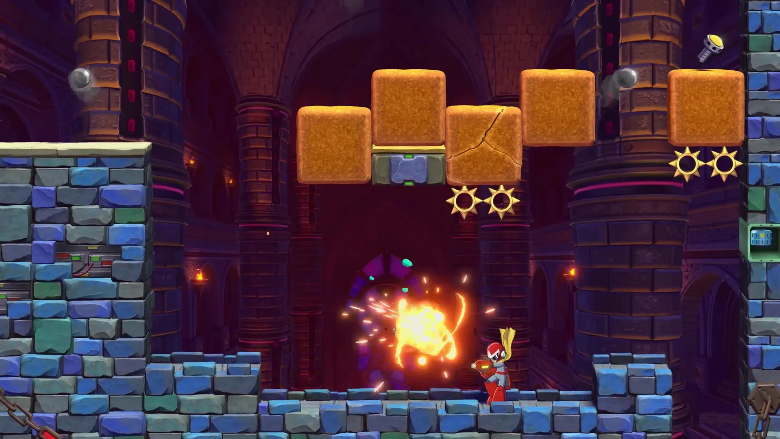 Castle stage platforming with wooden crates, a cracked block and gold saw traps