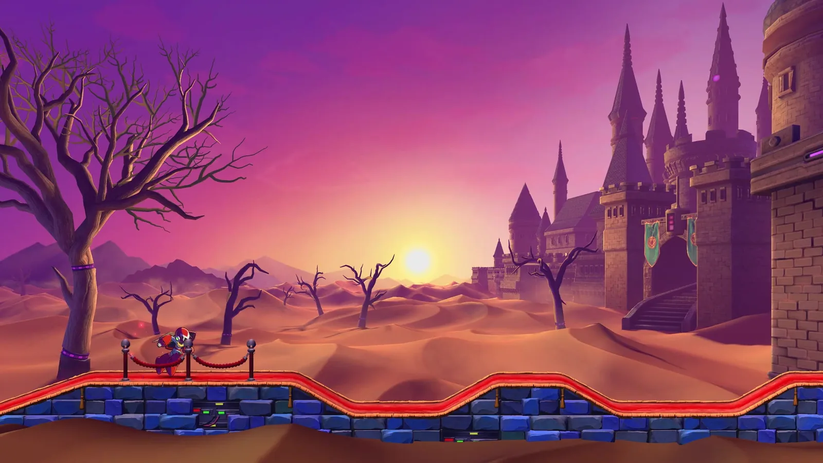 Desert stage at sunset with ruined towers