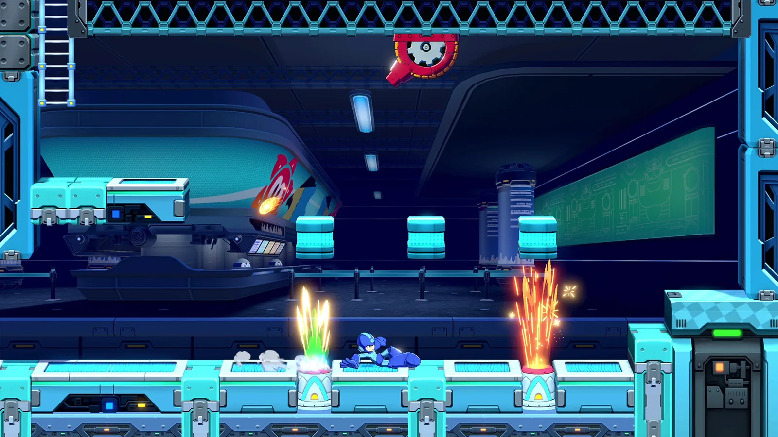 Mega Man sliding under a floor flame trap in an industrial stage