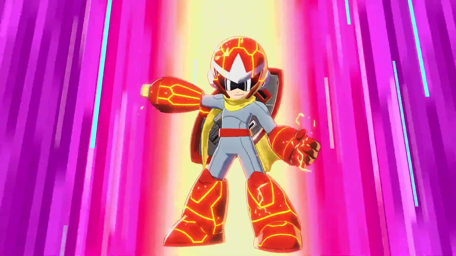 Proto Man in the Override state with glowing red and gold energy