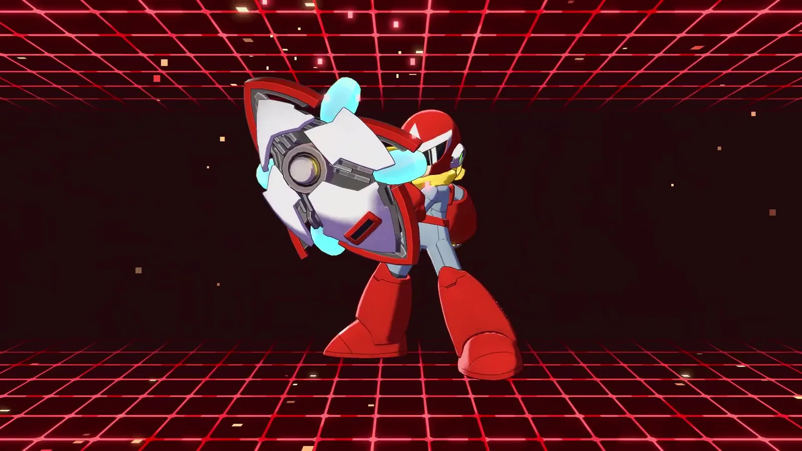 Proto Man holding the Proto Shield in a red grid arena