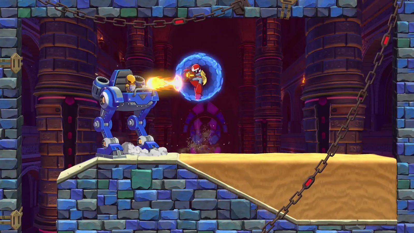 Proto Man's blue shield bubble facing a heavy machine boss firing a flame jet