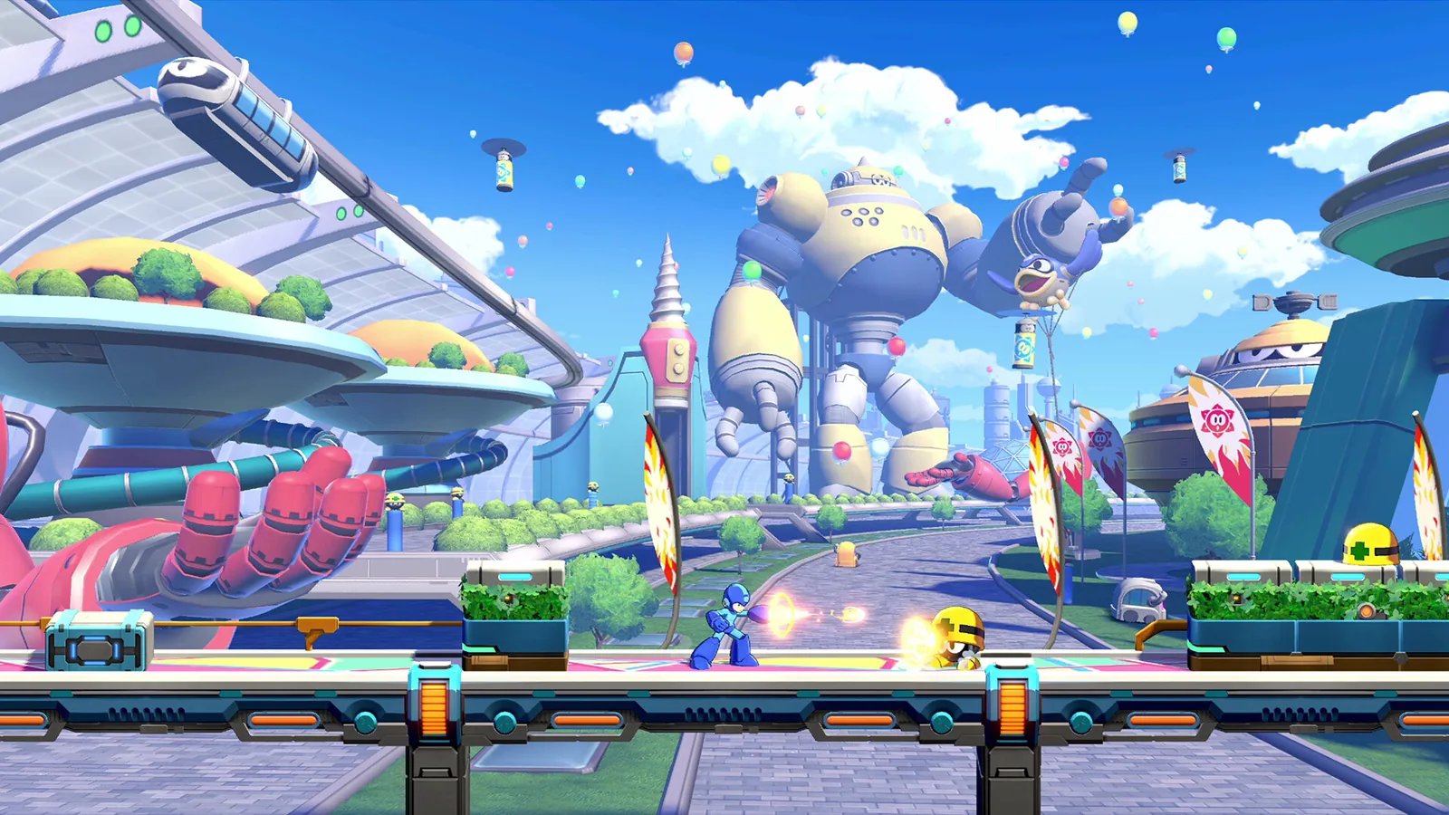 Mega Man shooting a yellow enemy on a daylight bridge stage with a giant robot statue