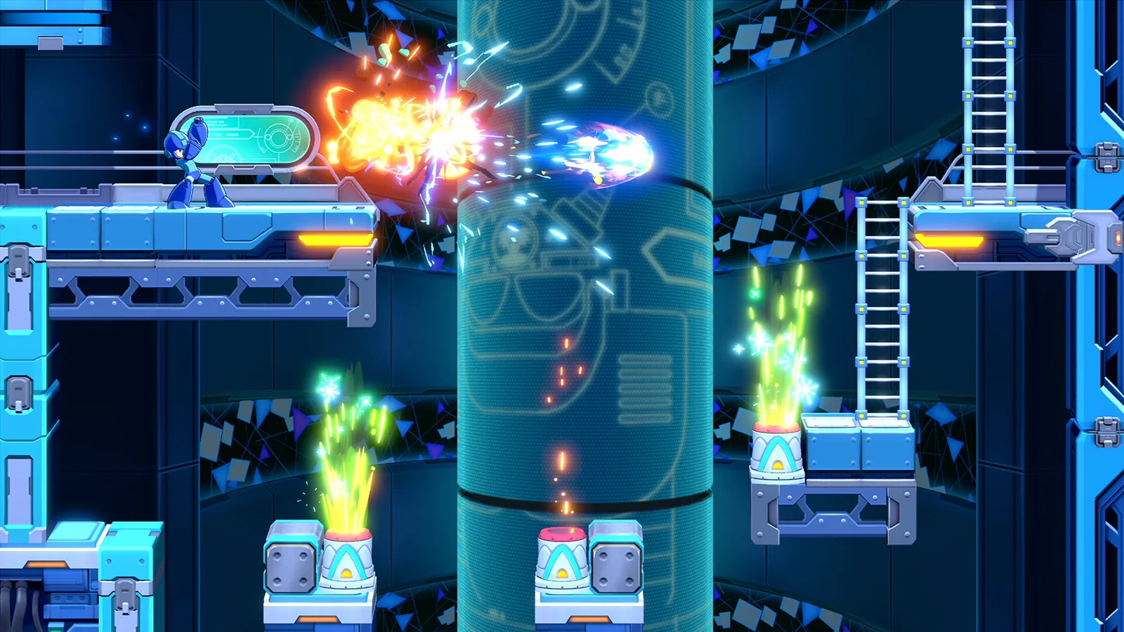 Mega Man shooting a flying enemy beside a cylindrical column in an industrial stage