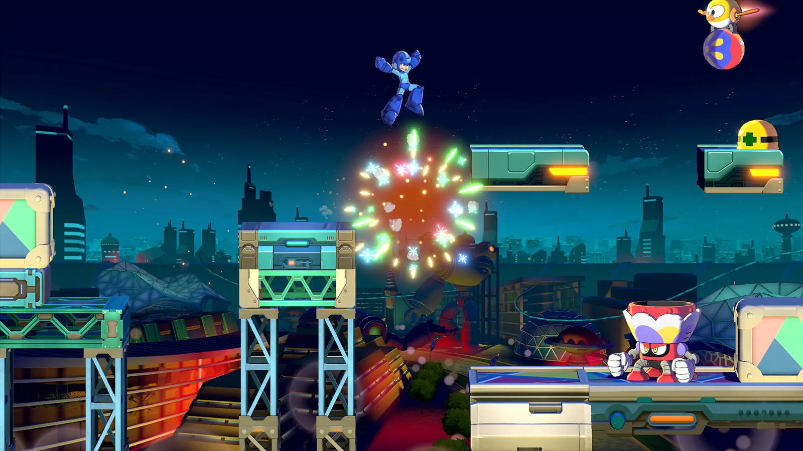Night stage with a glass dome, fireworks and two characters on separate platforms
