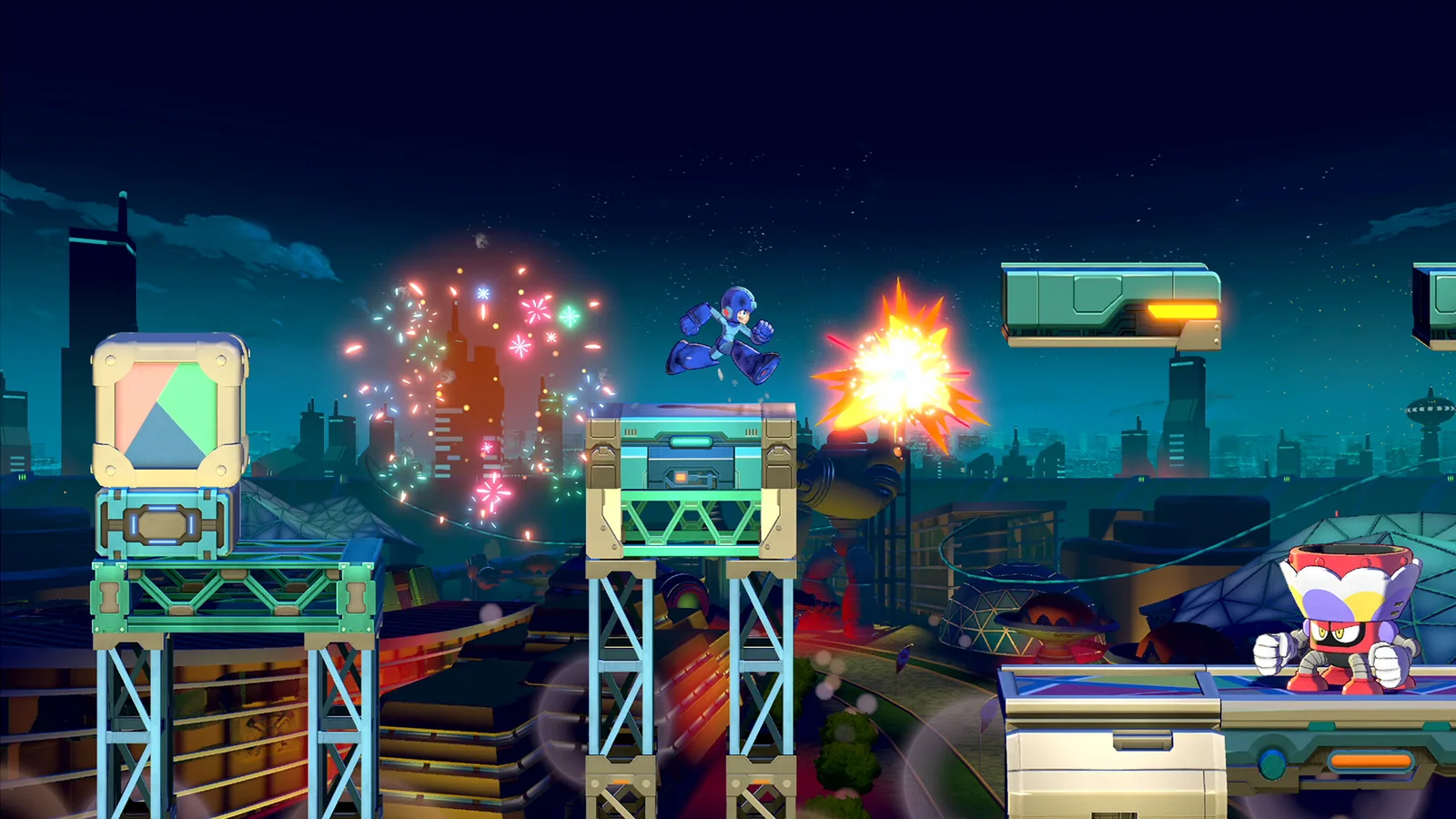 Night city stage with fireworks over the skyline and rooftop scaffolding